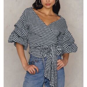 Lioness Women’s Esmeralda Wrap Top Gingham Black White Checkered Front Tie XS